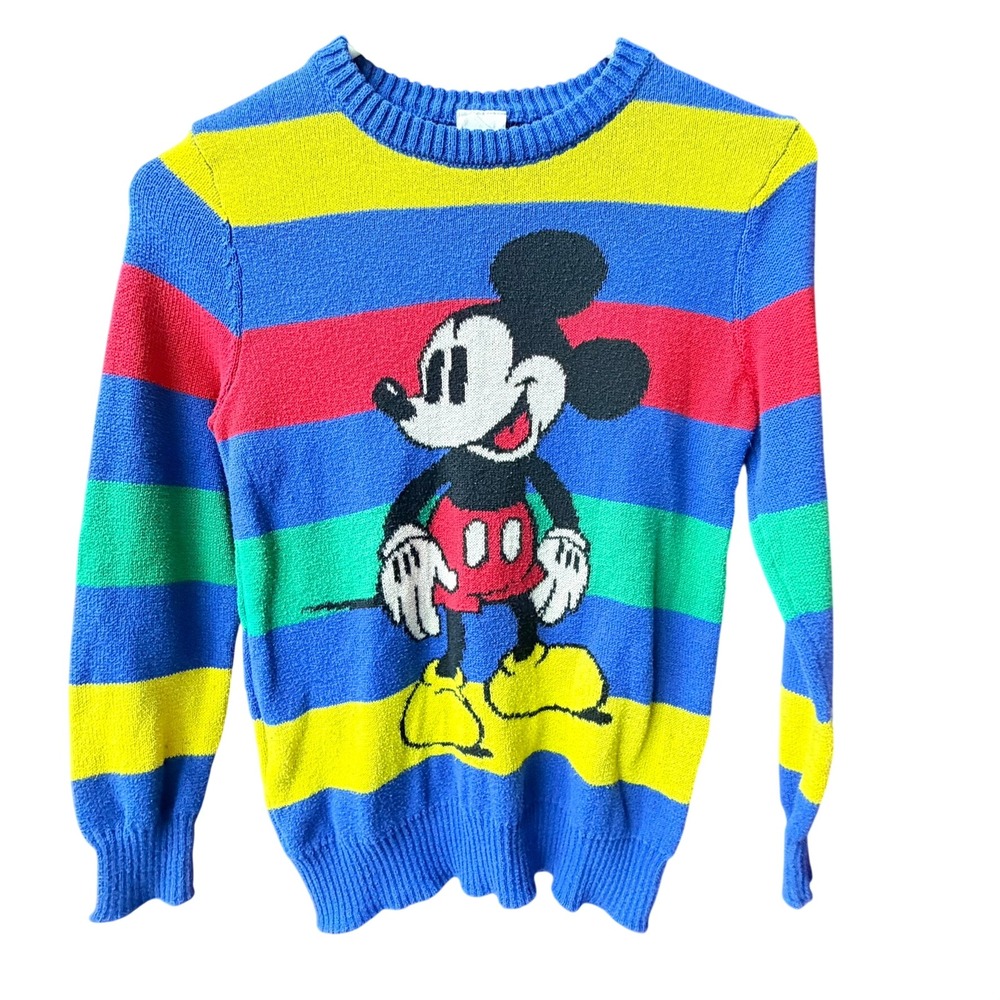 Disney 100 Mickey Mouse Sweater Kids Small Blue Multi Stripe Knit Crewneck